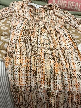 Long Sleeve Tiered Dress in Cream, Orange & Brown
